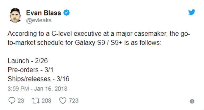 Lộ ngày ra mắt và phán hành Samsung Galaxy S9