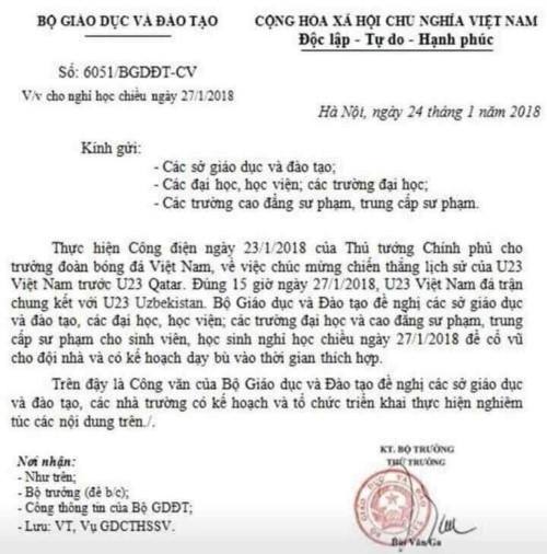 Công văn giả Bộ GD ĐT cho học sinh nghỉ học cổ vũ U23 Việt Nam - 1
