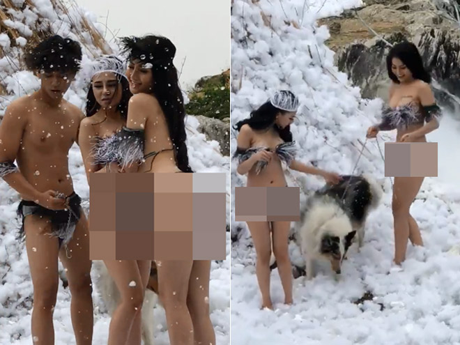 Hai cô gái mặc hở hang chụp ảnh dưới tuyết bị &#34;ném đá&#34; dữ dội - 1