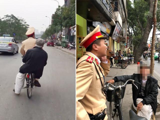 CSGT đạp xe chở cụ già bị lẫn đi tìm nhà “đốn tim” cộng đồng mạng