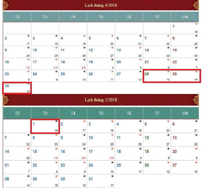 Lịch nghỉ chính thức ngày lễ 30/4 và 1/5 năm 2018 Lịch nghỉ chính thức ngày lễ 30/4 và 1/5 năm 2018