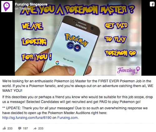Singapore: Một công ty đăng tin tuyển cao thủ săn Pokémon Singapore: Một công ty đăng tin tuyển cao thủ săn Pokémon