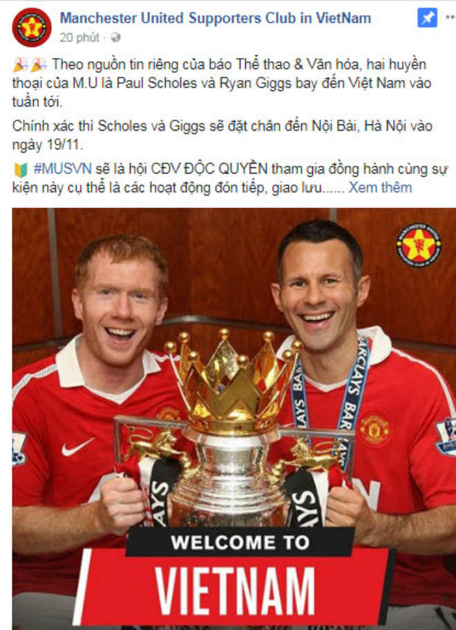 Rộ tin Giggs, Scholes tới Việt Nam: Triệu fan MU chấn động, vỡ òa sung sướng Rộ tin Giggs, Scholes tới Việt Nam: Triệu fan MU chấn động, vỡ òa sung sướng