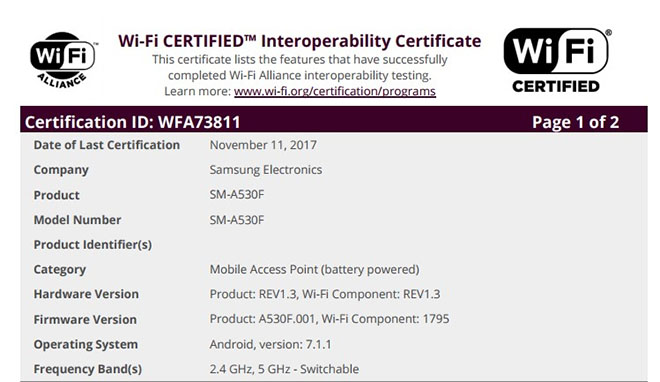 Samsung Galaxy A5 (2018) và A7 (2018) đạt chứng nhận Wi-Fi