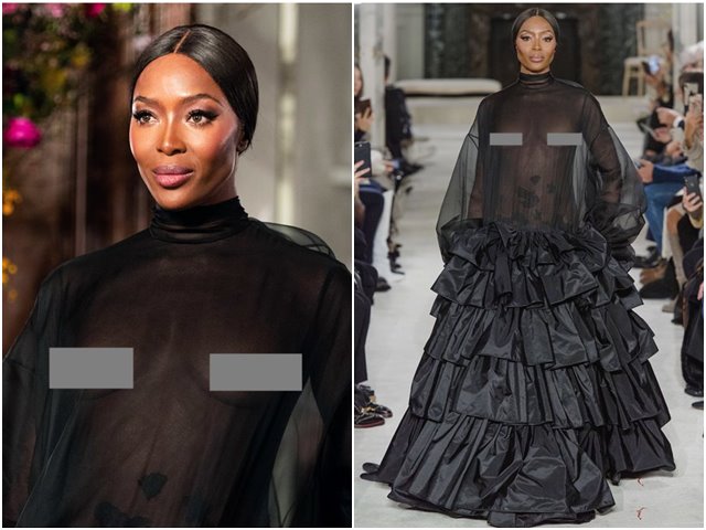 "Báo đen" Naomi Campell thả ngực trần trong show Valentino