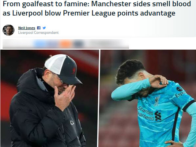 Liverpool thua đau Southampton: Báo Anh chê bai nhà vô địch, mong MU lên số 1 Liverpool thua đau Southampton: Báo Anh chê bai nhà vô địch, mong MU lên số 1
