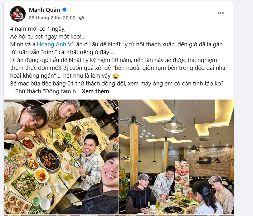 Diễn viên Mạnh Quân chia sẻ bữa ăn tại Lẩu Dê Nhất Ly trên facebook cá nhân
