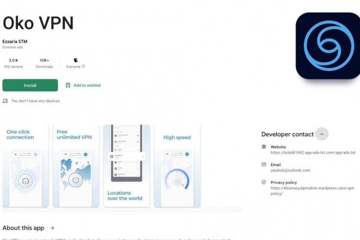 Ứng dụng Oko VPN độc hại trên Google Play.