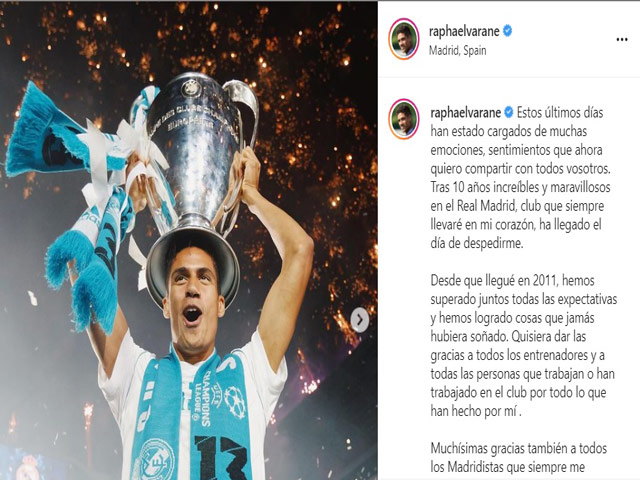 “Bom tấn“ Varane viết tâm thư chia tay Real Madrid đến MU, nhận ngay “bão like“