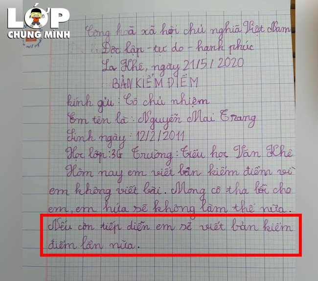 Không viết bài phải làm bản kiểm điểm, cô bé lớp 3 đưa ra lời hứa khiến ai nấy bật cười